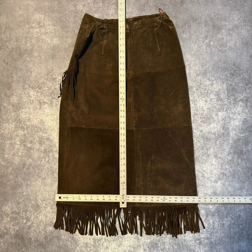 Vintage Brown Suede Leather Fringe Western Midi Skirt Womens 14 - Picture 4 of 6